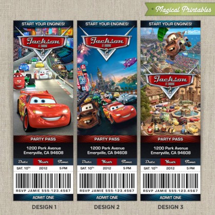 Personalized Disney CARS 2 Birthday Ticket Invitation Card - Lightning Mc Queen and Mater